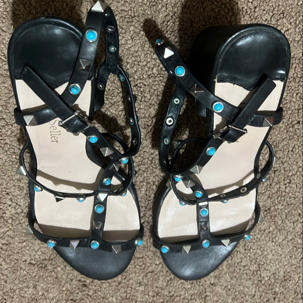 Chic Black and Blue Sandals with Studded Straps